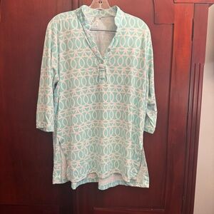 Lulu-B Aqua and White Patterned Tunic geometric print. 3/4 Sleeve Size XL